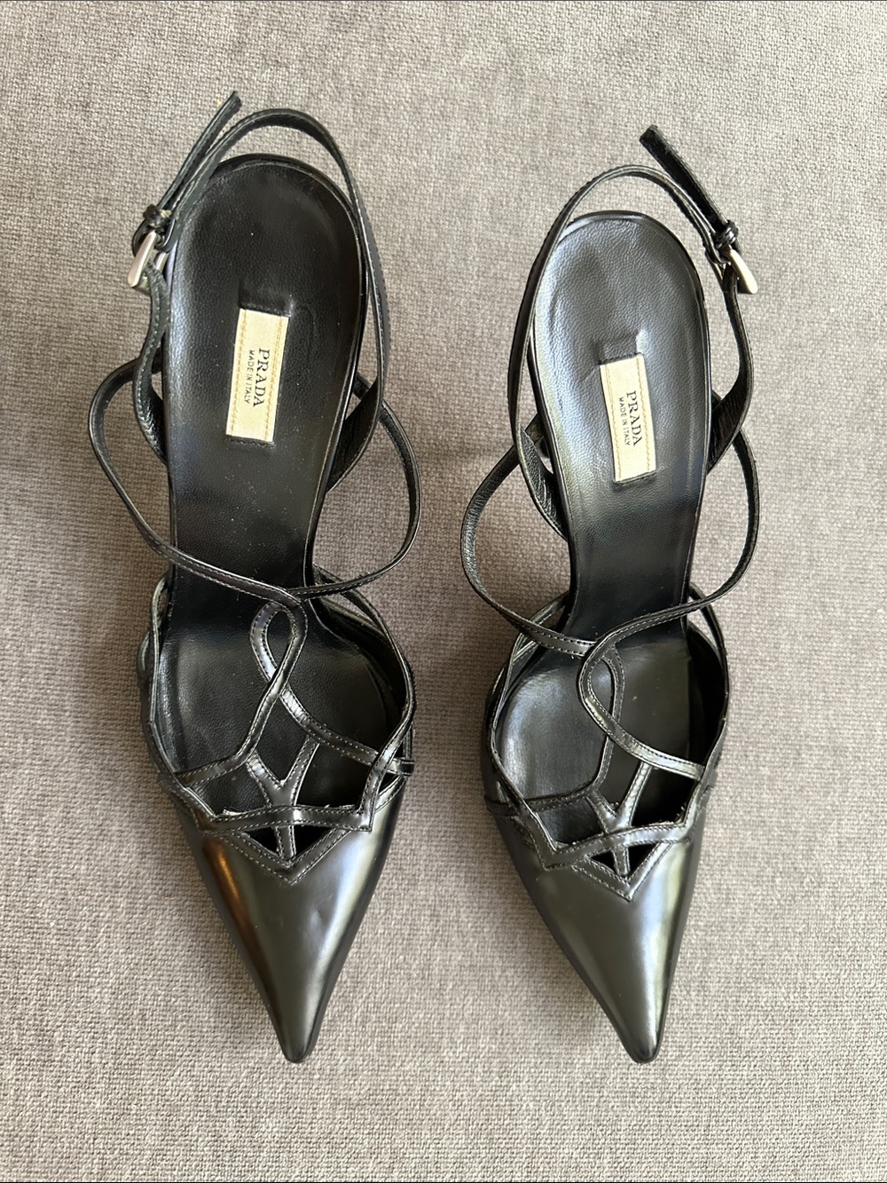 Prada Black Strappy Pointed-Toe Slingback Heels with Buckle